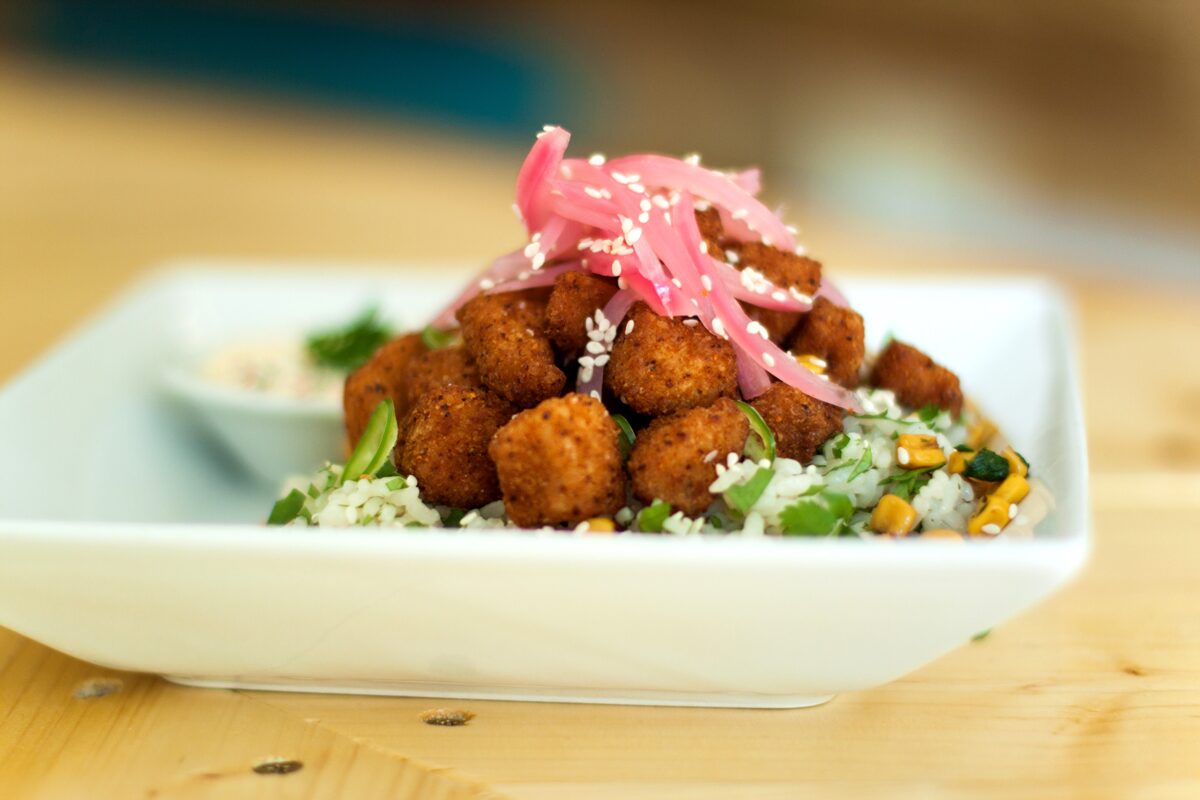 Crispy White Fish Poke Bowl PokeBao restaurant Coral Gables near Miami, Florida