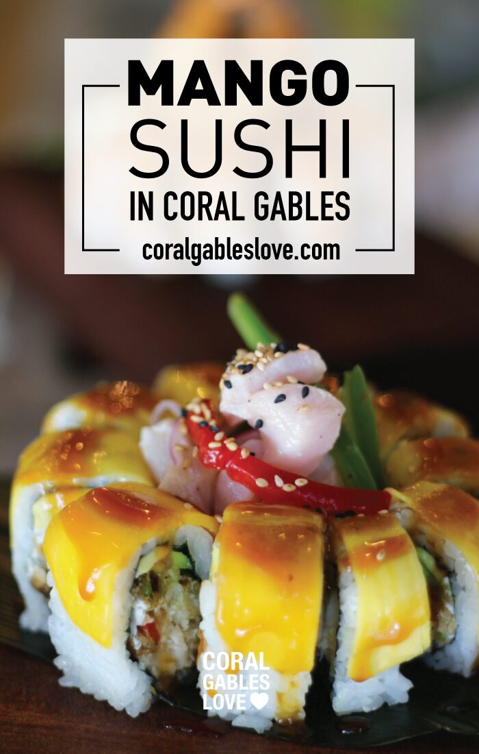 Sushi Kong Mango Tango sushi roll with ceviche. Miami restaurant near Goral Gables, Florida.