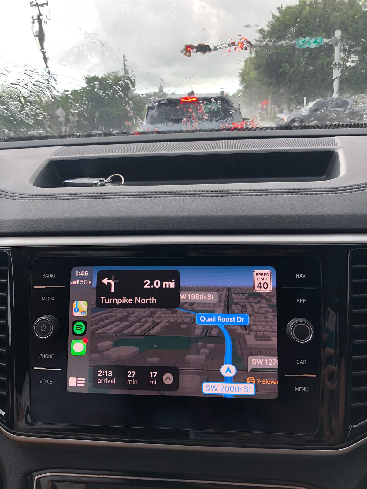 VW Atlas Apple Car Play Navigation Screen in the rain